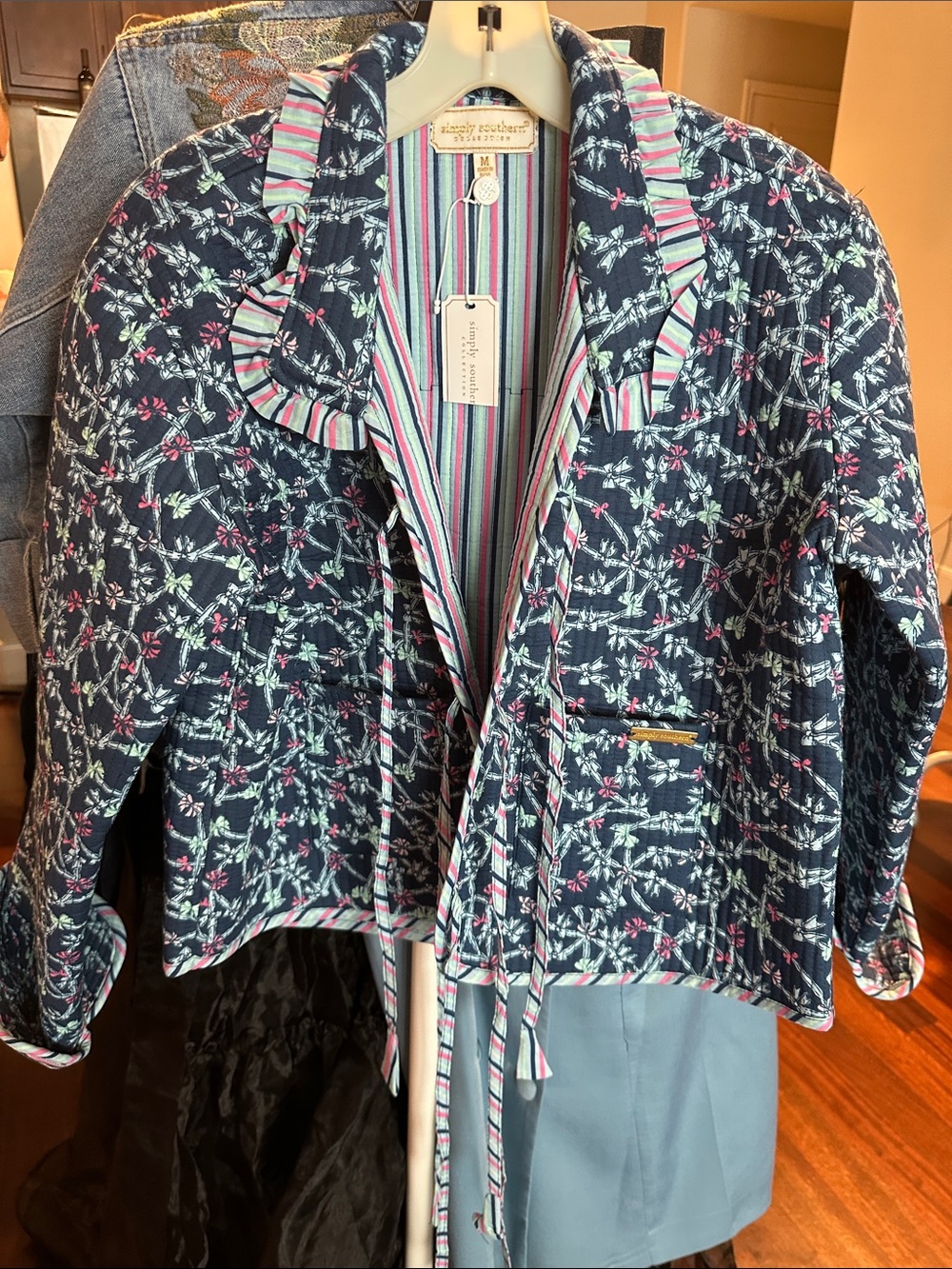 Simply Southern Navy Quilted Floral Blazer with Pink & Mint Trim